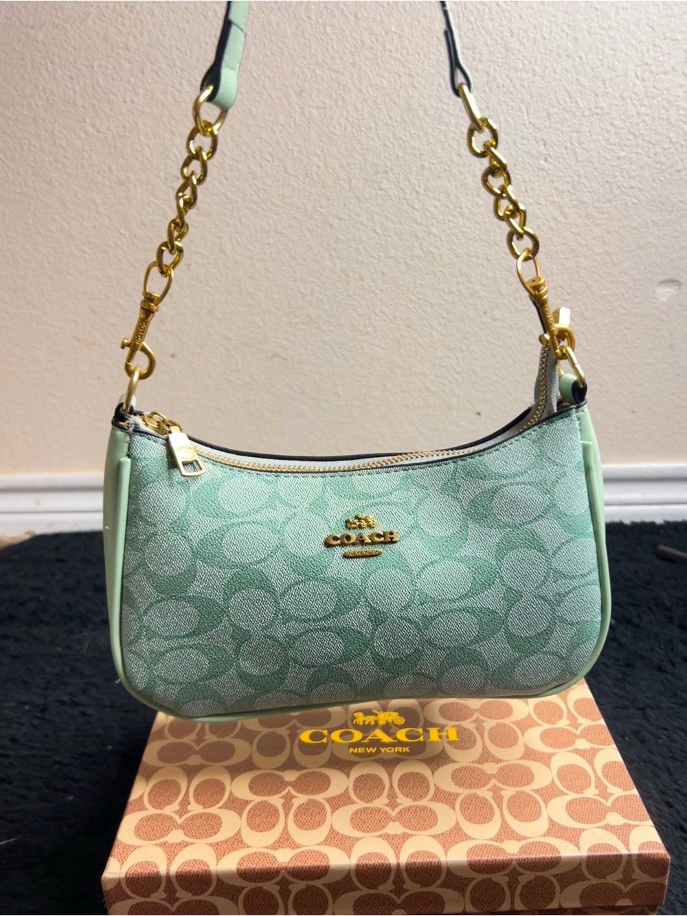 Coach Mini Shoulder Bag in Mint Green with Gold Hardware